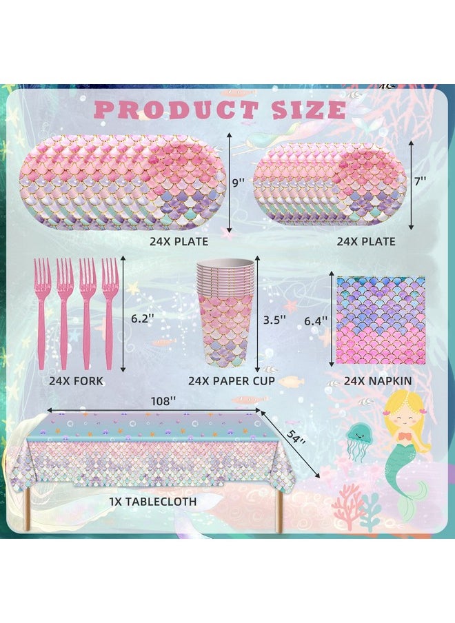 Bluegogo 121Pcs Mermaid Birthday Party Supplies Decorations Mermaid Tableware Set Include Mermaid Plates And Napkins Party Supplies Tablecloths Cups Forks Serves 24 For Girls Baby Shower Ocean Party Supplies  - Image 5