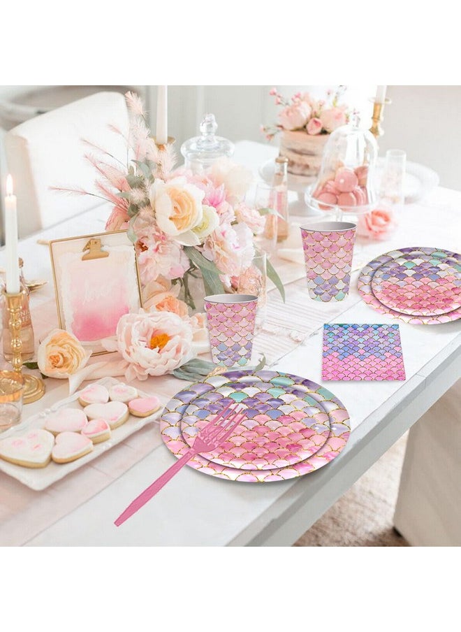 Bluegogo 121Pcs Mermaid Birthday Party Supplies Decorations Mermaid Tableware Set Include Mermaid Plates And Napkins Party Supplies Tablecloths Cups Forks Serves 24 For Girls Baby Shower Ocean Party Supplies  - Image 3