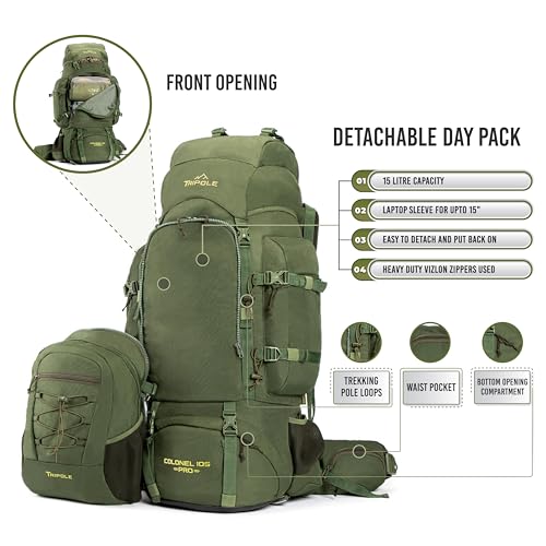 Tripole Colonel Pro Metal Frame Rucksack with Detachable Day Pack and Rain Cover for Trekking and Travelling | 5 Year Warranty - Image 3