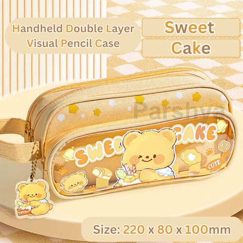 Parshya Canvas Large Capacity Transparent Cartoon Print Pencil Case 3 Layer Cute Aesthetic Pencil Case for Girls Multifunctional Stationery Organizer for School Office (Keychain Not Included) - Image 2