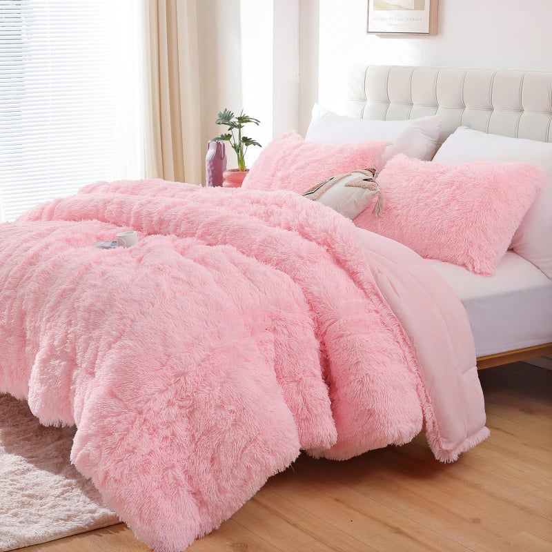 Smoofy Fluffy Twin Comforter Set, Faux Fur Comforter Set Pink, Luxury Fuzzy Twin Bedding Set Pink, Soft Shaggy Bed Set for All Season, 2 Pieces - 1 Comforter & 1 Pillowcase - Image 1