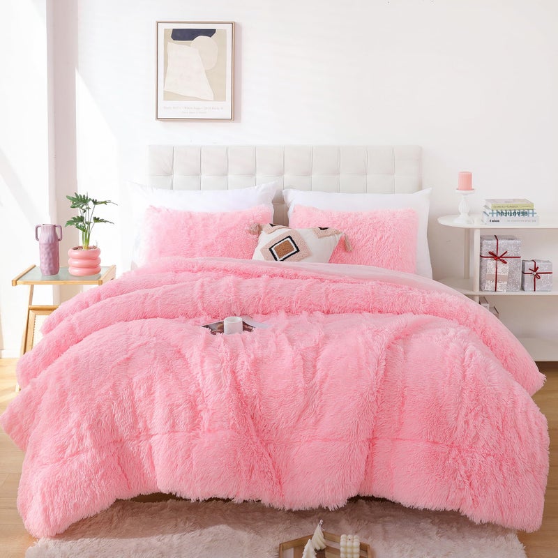 Smoofy Fluffy Twin Comforter Set, Faux Fur Comforter Set Pink, Luxury Fuzzy Twin Bedding Set Pink, Soft Shaggy Bed Set for All Season, 2 Pieces - 1 Comforter & 1 Pillowcase - Image 4