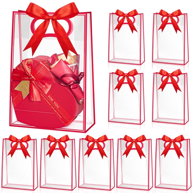 Ohuimrt 12 Pack Clear Plastic Gift Bags with Handles, Reusable Party Favor Bags with Ribbon for Birthday, Wedding, Bachelorette Party, 10.2 x 7.1 x 3.1 Inch (Red) - Image 1