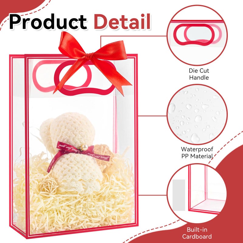 Ohuimrt 12 Pack Clear Plastic Gift Bags with Handles, Reusable Party Favor Bags with Ribbon for Birthday, Wedding, Bachelorette Party, 10.2 x 7.1 x 3.1 Inch (Red) - Image 3