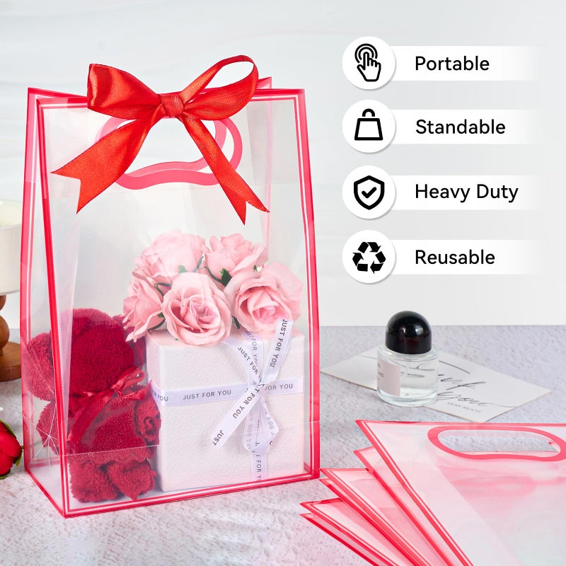 Ohuimrt 12 Pack Clear Plastic Gift Bags with Handles, Reusable Party Favor Bags with Ribbon for Birthday, Wedding, Bachelorette Party, 10.2 x 7.1 x 3.1 Inch (Red) - Image 4