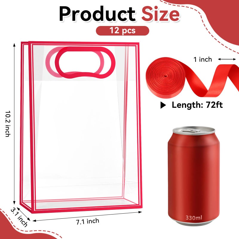Ohuimrt 12 Pack Clear Plastic Gift Bags with Handles, Reusable Party Favor Bags with Ribbon for Birthday, Wedding, Bachelorette Party, 10.2 x 7.1 x 3.1 Inch (Red) - Image 2