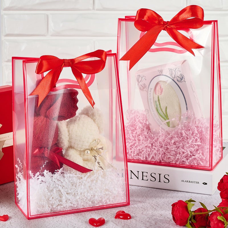 Ohuimrt 12 Pack Clear Plastic Gift Bags with Handles, Reusable Party Favor Bags with Ribbon for Birthday, Wedding, Bachelorette Party, 10.2 x 7.1 x 3.1 Inch (Red) - Image 5