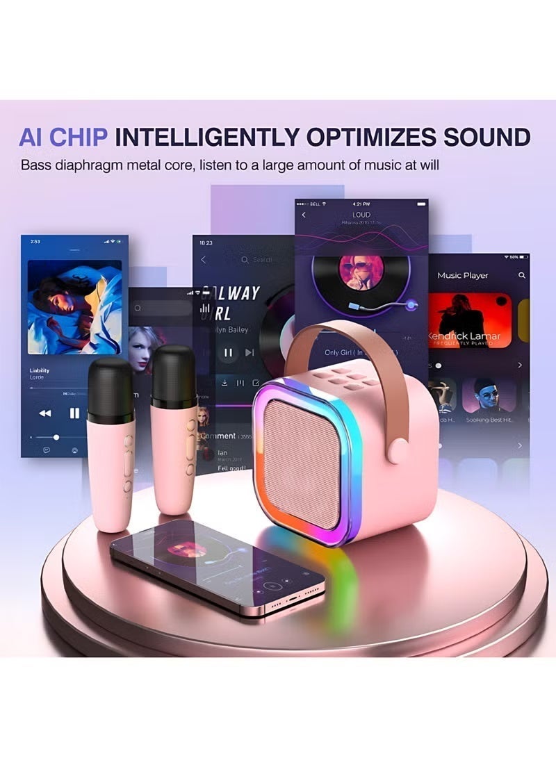 XiaoGiqi Portable Mini Karaoke Bluetooth Speaker with 2 Wireless Handheld Microphones RGB LED Light Rechargeable Leather Handle Pink Home Party Birthday Camping Family Gathering KTV System - Image 5
