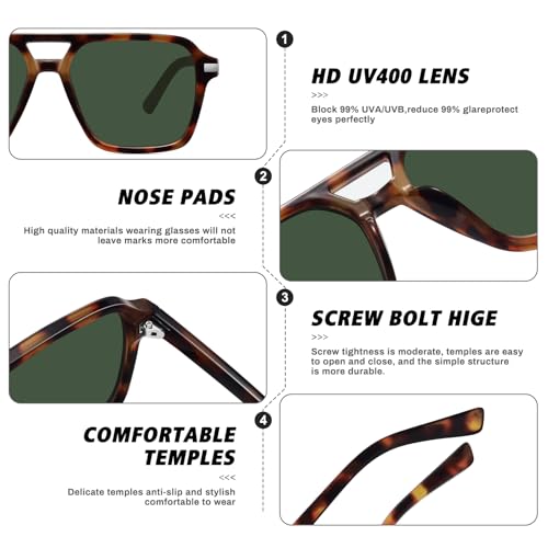 Fozono Retro Aviator Sunglasses for Women Men Trendy Classic Square 70s 80s 90s Vintage Shades Double Bridge Aviators FZN813 Tortoise/Green Lens - Image 4