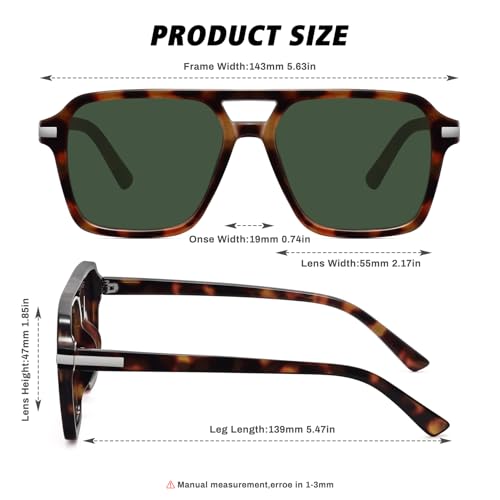 Fozono Retro Aviator Sunglasses for Women Men Trendy Classic Square 70s 80s 90s Vintage Shades Double Bridge Aviators FZN813 Tortoise/Green Lens - Image 3
