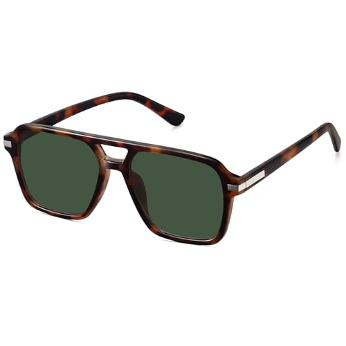 Fozono Retro Aviator Sunglasses for Women Men Trendy Classic Square 70s 80s 90s Vintage Shades Double Bridge Aviators FZN813 Tortoise/Green Lens - Image 1