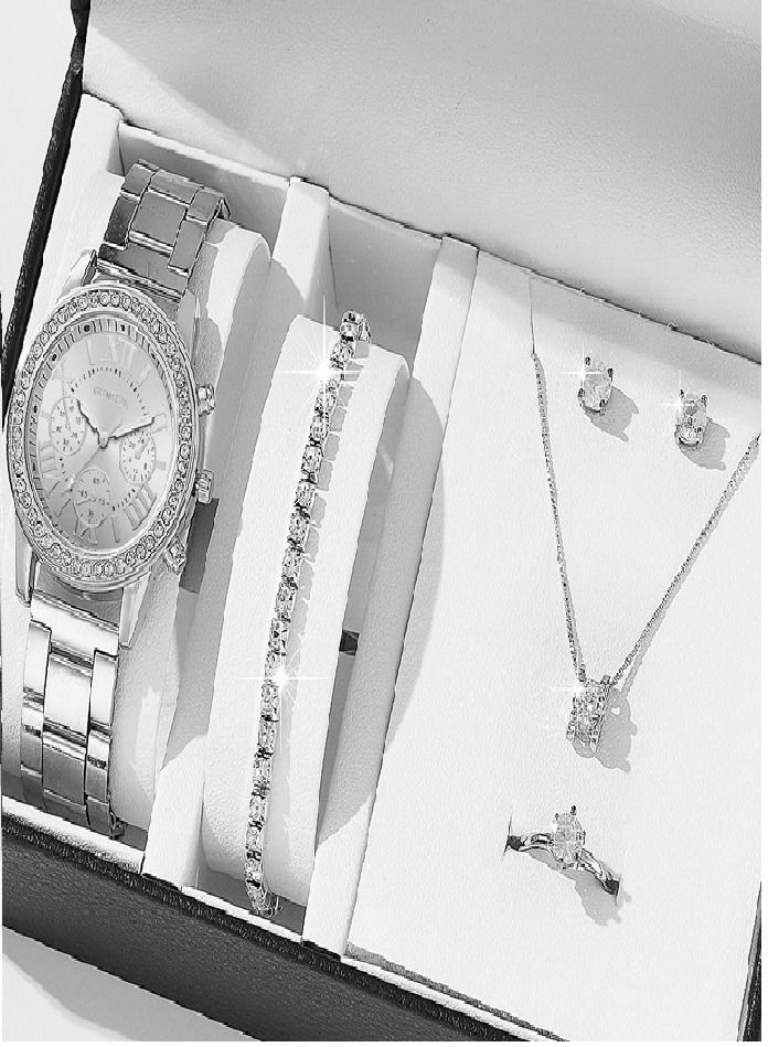 Geneva Shining Ladies Watches Gifts Set with Diamond Decorated Bracelet Necklace Ring Earrings Luxury Fashion Quartz Wrist Womens Watch 5Pcs Set