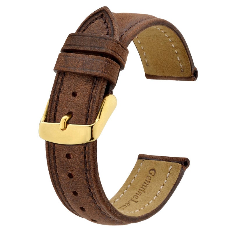 BISONSTRAP Vintage Watch Straps with Gold Buckle, Leather Replacement Band 22mm (Dark Brown) - Image 1