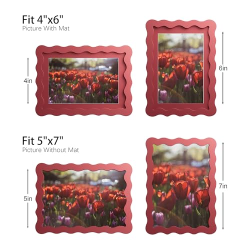 THKRLOF 5x7 Picture Frame with Mat for 4x6, Wavy Edge Wooden Real Glass Photo Frame for Tabletop and Wall Hanging, Red, 1 Pack - Image 4