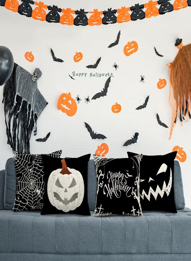 Whaline Happy Halloween Pillow Cover 20 x 20 Inch Pumpkin Spider Web Pillow Case Black Linen Throw Cushion Cover Cushion Cases for Home Office Halloween Sofa Bed Decoration, 4Pcs - Image 4