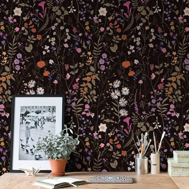 JiffDiff Wallpaper Self-Adhesive Blooming Vintage Colourful Flowers Wall Paper for Bedroom Living Room Cabinet, Peel and Stick Beige Sketch Little Flowers Wallpaper Mural 7.1 sq. feet (17.3''''x59.1'', Black) - Image 4