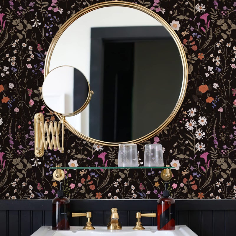 JiffDiff Wallpaper Self-Adhesive Blooming Vintage Colourful Flowers Wall Paper for Bedroom Living Room Cabinet, Peel and Stick Beige Sketch Little Flowers Wallpaper Mural 7.1 sq. feet (17.3''''x59.1'', Black) - Image 2