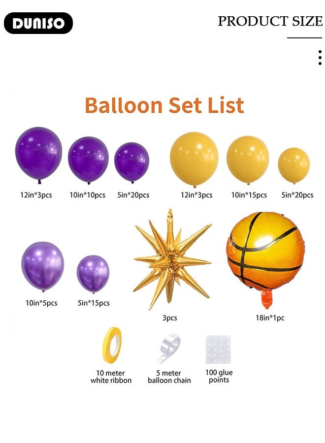 DUNISO طقم قوس بالونات بموضوع كرة السلة، 95 قطعة بالونات مع بالونات نجوم ذهبية وبنفسجية لاحتفالات كرة السلة للأولاد، عيد ميلاد، تخرج، ذكرى زواج، زينة حفلات استقبال المواليد - Image 4