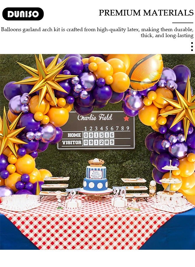 DUNISO طقم قوس بالونات بموضوع كرة السلة، 95 قطعة بالونات مع بالونات نجوم ذهبية وبنفسجية لاحتفالات كرة السلة للأولاد، عيد ميلاد، تخرج، ذكرى زواج، زينة حفلات استقبال المواليد - Image 5