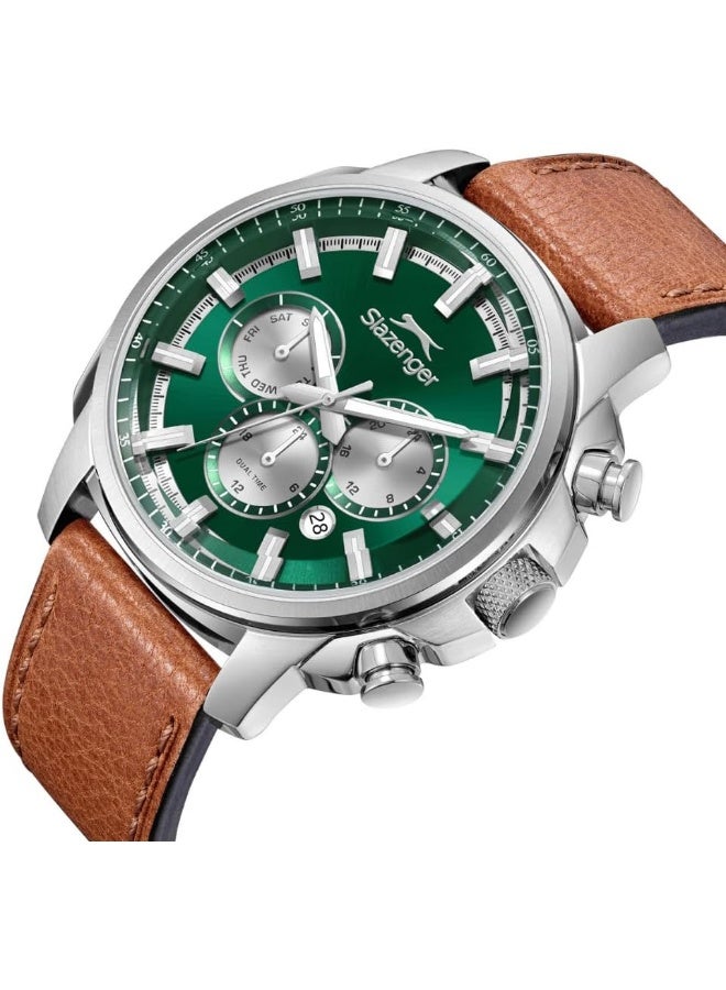 سلازنجر ساعة سلازينجر للرجال، عرض متعدد الوظائف وسوار جلدي - جملي - Image 2