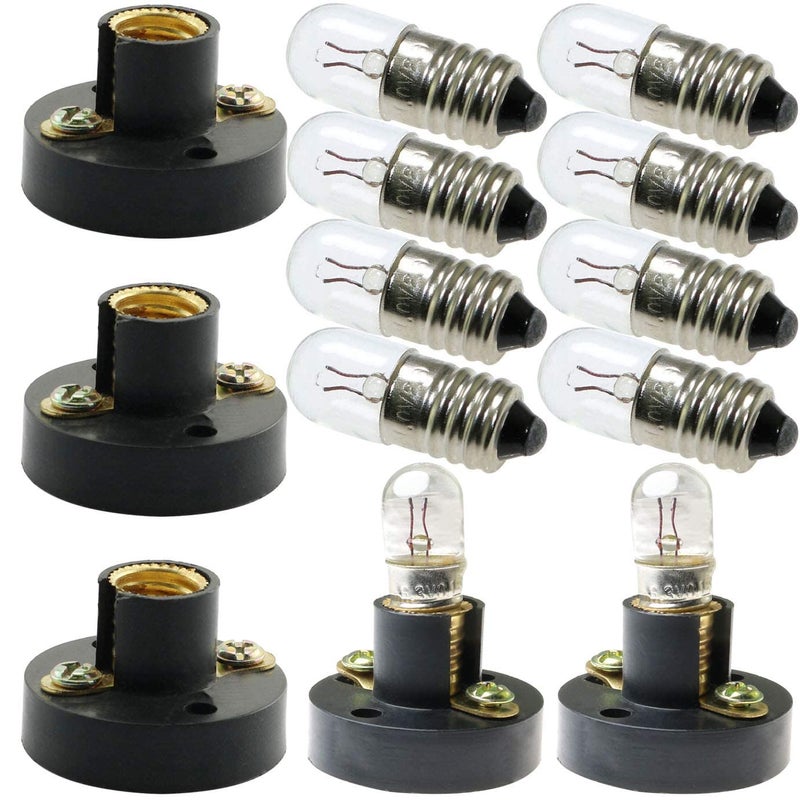 MEETOOT Set of 10pcs Screw Mini Bulb 63V and 5pcs E10 Mini Bulb Holder Black Plastic Pure Brass Lamp Bases Student Experiment Lighting DIY Accessories Screw Type Bulb Socket