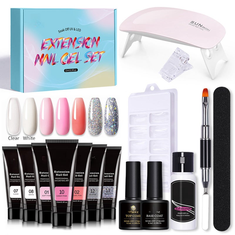 Nail Extension Gel Set Nail Strengthen Gel UV/LED Nail Lamp Nail Dryer Base Coat Top Coat with Nail Brush Nail File Nail Clip Manicure Tools - Image 1