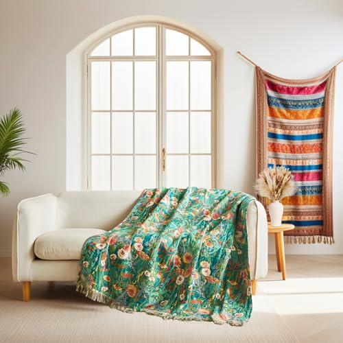 LUTBM Boho Throw Blanket for Bed Cotton Blankets Twin Size for Bedroom Living Room All Season Lightweight Floral Embroidery Quilt for Couch Sofa Chair 60"x80" - Image 4