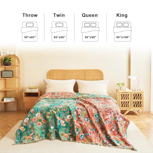 LUTBM Boho Throw Blanket for Bed Cotton Blankets Twin Size for Bedroom Living Room All Season Lightweight Floral Embroidery Quilt for Couch Sofa Chair 60"x80" - Image 3
