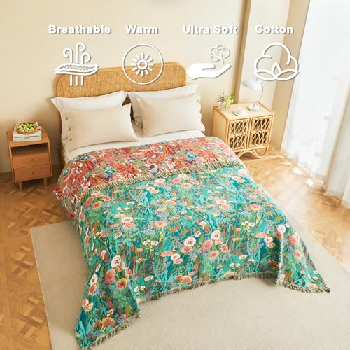 LUTBM Boho Throw Blanket for Bed Cotton Blankets Twin Size for Bedroom Living Room All Season Lightweight Floral Embroidery Quilt for Couch Sofa Chair 60"x80" - Image 2