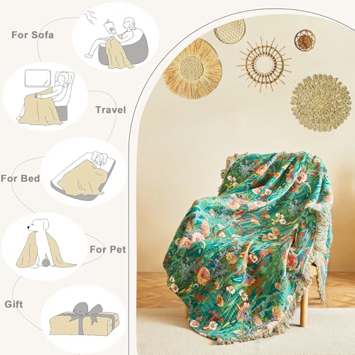 LUTBM Boho Throw Blanket for Bed Cotton Blankets Twin Size for Bedroom Living Room All Season Lightweight Floral Embroidery Quilt for Couch Sofa Chair 60"x80" - Image 5