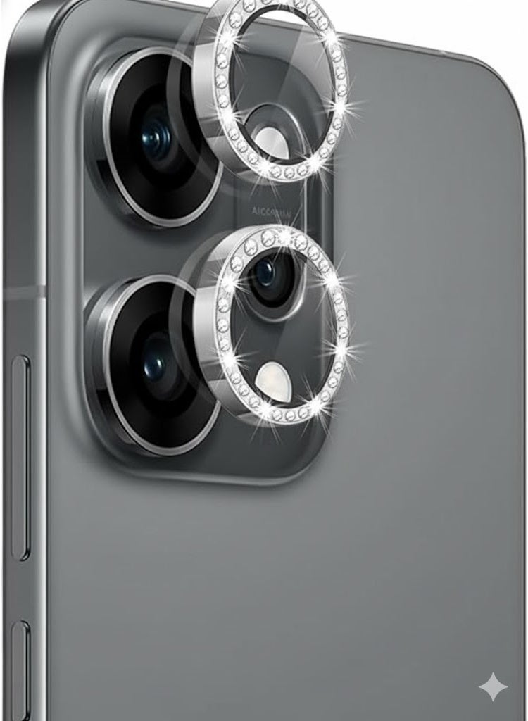 عدسة كاميرا فاخرة مرصعة بأحجار الراين لهاتف أوبو رينو 14، مع غطاء كريستالي ماسي لامع، وإطار معدني فضي متين (فضي) - Image 1