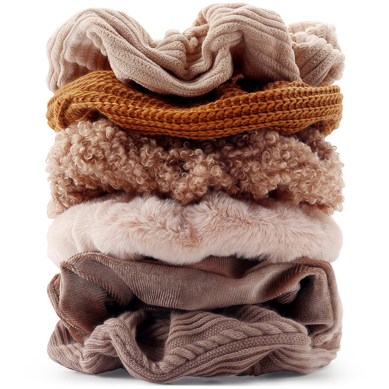 TUCEWP Scrunchies for Women's Hair 6Pcs Large Brown Knit Fuzzy Scrunchies for Long Thick Curly Hair Ultra Textured Soft Hair Bands Neutral Scrunchie Cute Ponytail Holders No Damage Elastic Hair Ties - Image 1