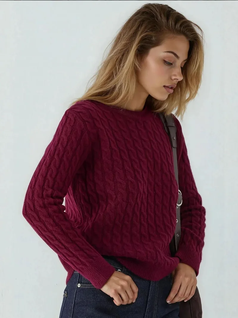 HICCUP Thick Hair Braid Knit Sweater with Crew Neck