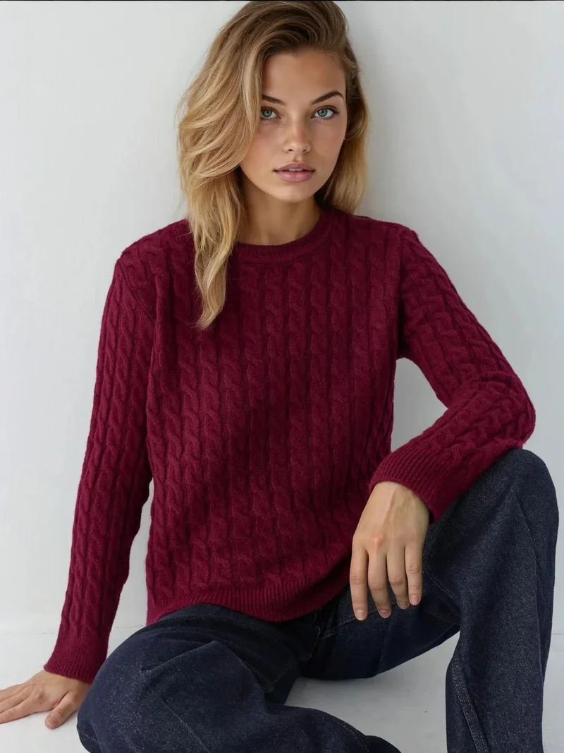 HICCUP Thick Hair Braid Knit Sweater with Crew Neck