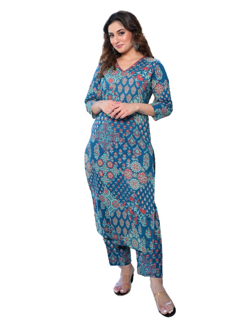 Arayna Women’s Pure Cotton Printed Kurta Set with Pants | Ethnic Indian Wear | 3/4 Sleeves | Summer Outfit - Teal Blue, Large - Image 1
