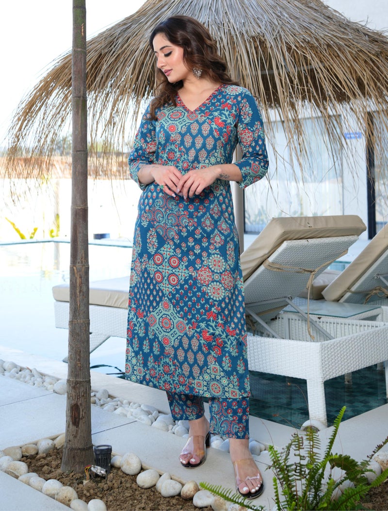 Arayna Women’s Pure Cotton Printed Kurta Set with Pants | Ethnic Indian Wear | 3/4 Sleeves | Summer Outfit - Teal Blue, Large - Image 2