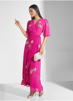 Hope & Ivy Embellished Flutter Sleeve Maxi Wrap Dress  - Image 4