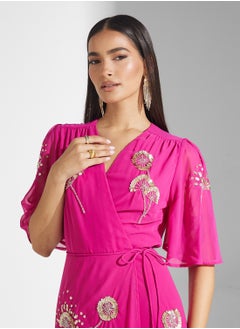 Hope & Ivy Embellished Flutter Sleeve Maxi Wrap Dress  - Image 3