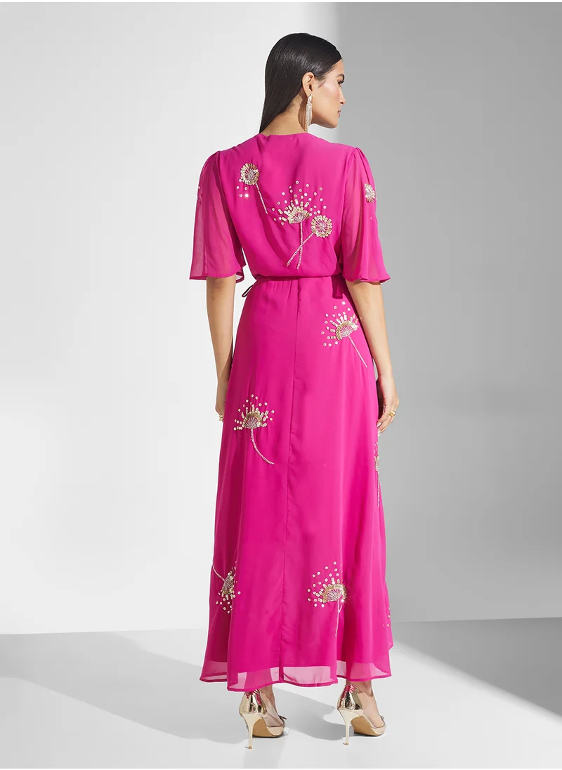 هوب اند ايفي Embellished Flutter Sleeve Maxi Wrap Dress