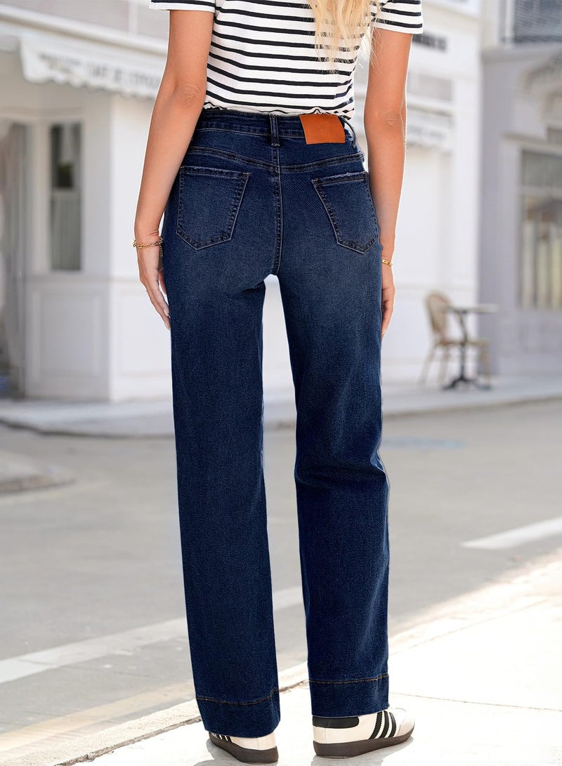 Sidefeel Women's Wide Leg Jeans High Waisted Stretchy Straight Leg Drawstring Zimbaplatinum Denim Pants with Pocktes Navy Blue Size 12 - Image 2