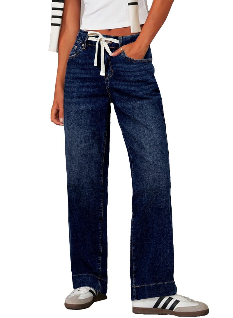 Sidefeel Women's Wide Leg Jeans High Waisted Stretchy Straight Leg Drawstring Zimbaplatinum Denim Pants with Pocktes Navy Blue Size 12 - Image 1