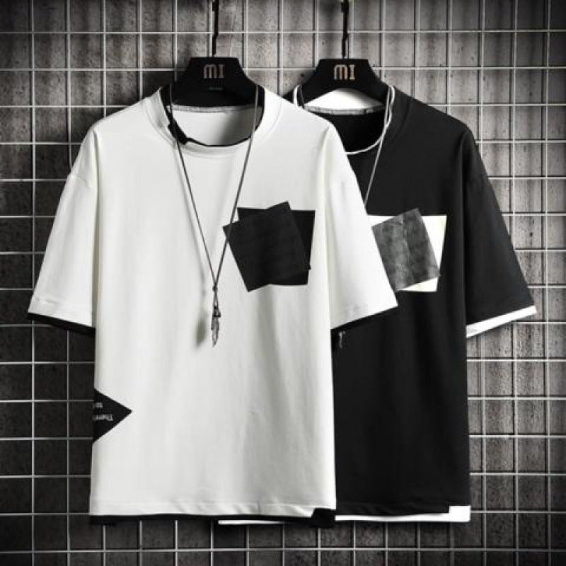 Round Neck Daily Youth Popular Standard City Style Trendy Instagram Fashionable Summer Five-Point Sleeve Men'S Fashionable Trendy Brand T-Shirt - Image 1