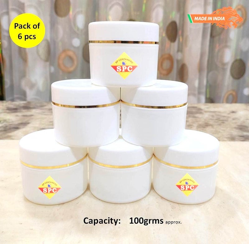 SPC وعاء تجميل بلاستيكي فارغ أبيض من SPC مع غطاء بخطوط ذهبية لبلسم الشفاه وزبدة الجسم والكريمات والسكربات ومنتجات التجميل الأخرى (100 جرام) (عبوة من 6) - Image 1