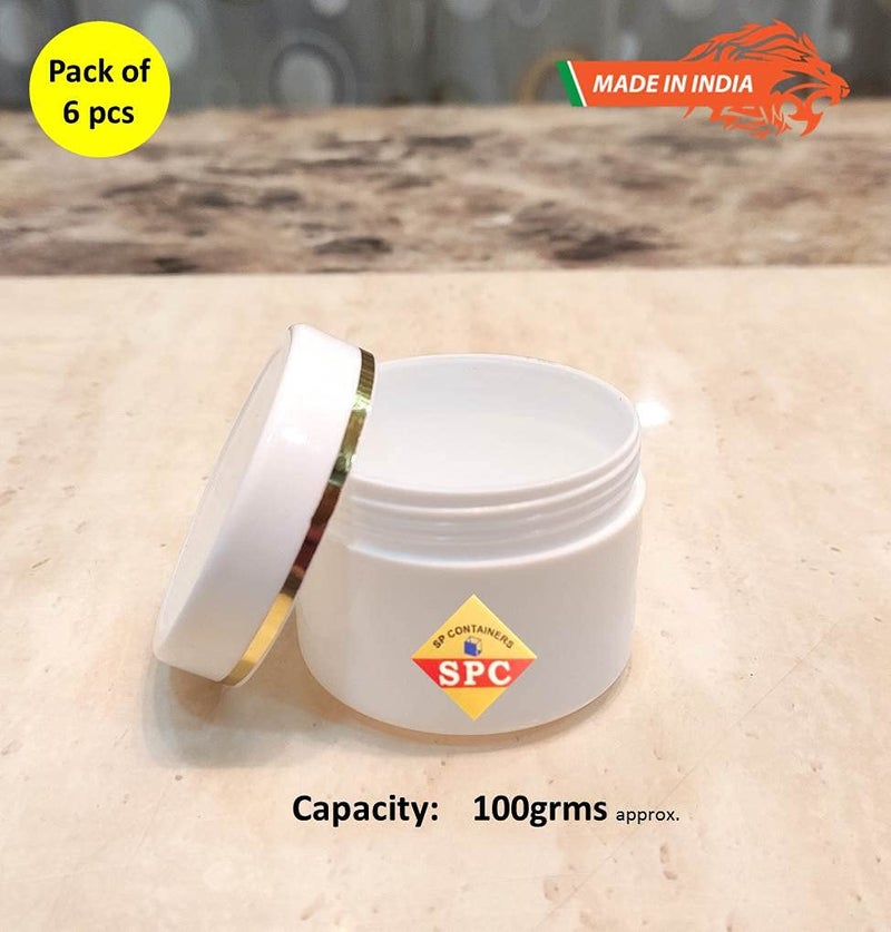 SPC وعاء تجميل بلاستيكي فارغ أبيض من SPC مع غطاء بخطوط ذهبية لبلسم الشفاه وزبدة الجسم والكريمات والسكربات ومنتجات التجميل الأخرى (100 جرام) (عبوة من 6) - Image 2