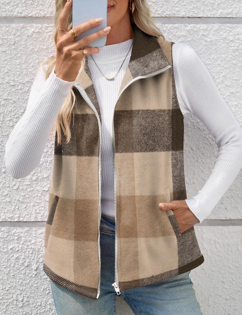 Rapbin Women Casual Sleeveless Plaid Zipper Christmas Vest Cardigan Jacket with Pockets - Image 2