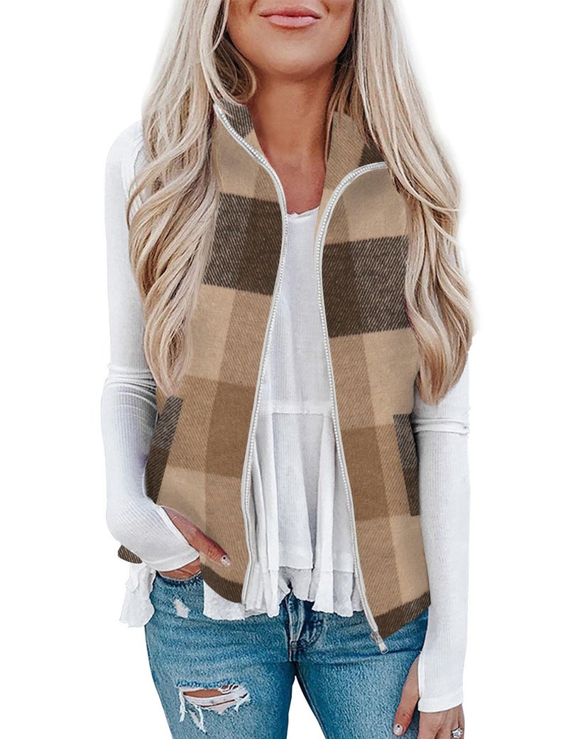 Rapbin Women Casual Sleeveless Plaid Zipper Christmas Vest Cardigan Jacket with Pockets - Image 1