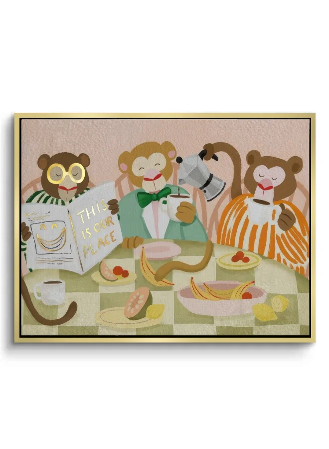 JASMINE ART Monkey Breakfast Kids Wall Art | Portrait Framed Canvas Print with Gold Foil Embossed | Cute Nursery Decor for Kids Bedroom