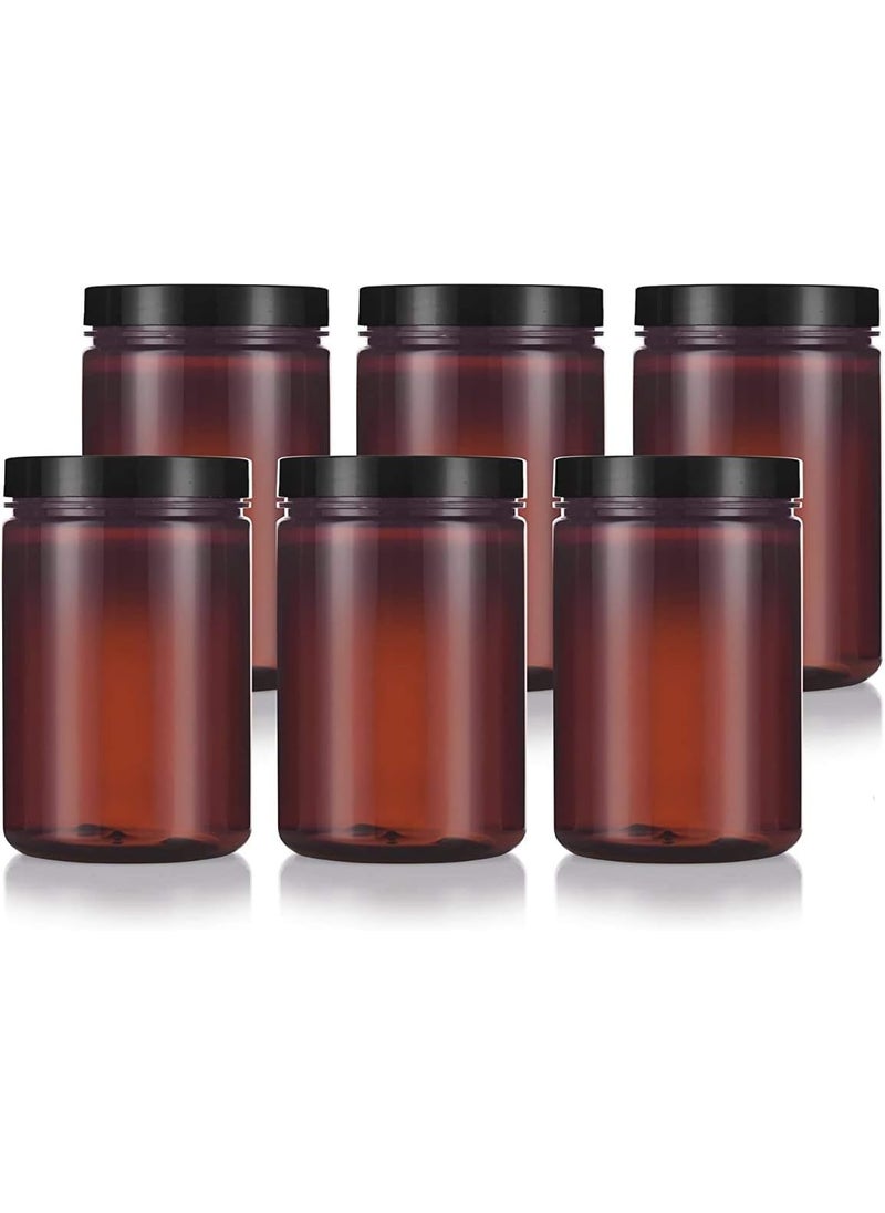 JUVITUS 25 oz Large Amber PET Plastic (BPA Free) Refillable Empty Jar (6 pack, Black Smooth Foam Lined Lid) 