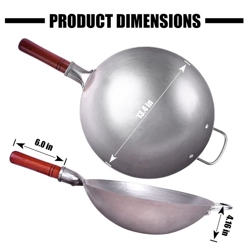 Teewe Carbon Steel Wok Traditional Hand Hammered Wok - 13.4" Chinese Wok Round Bottom Wok Pan Set with 8 Pcs Cookware Accessories - Image 2