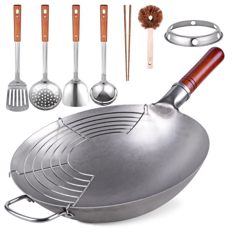 Teewe Carbon Steel Wok Traditional Hand Hammered Wok - 13.4" Chinese Wok Round Bottom Wok Pan Set with 8 Pcs Cookware Accessories - Image 1